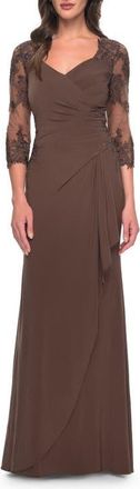 La Femme Lace and Net Jersey Gown with Illusion Sleeves in Cocoa at Nordstrom, Size 16