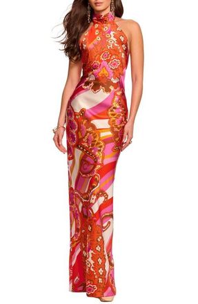 Ramy Brook Tatiana Mixed Print Stretch Silk Halter Neck Gown in Fiesta Pink Multi at Nordstrom, Size 6