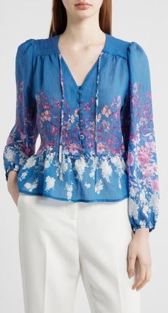 Tahari by ASL Printed Ruffle Hem Top in Blue Pink White at Nordstrom, Size Medium