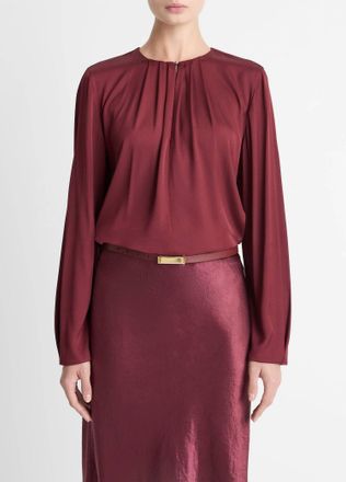 Vince Pleated Neck Blouse In Bordeaux