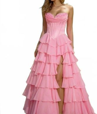 Sherri Hill Strapless Satin Corset Ball Gown With Chiffon Ruffle Slit Skirt In Candy Pink