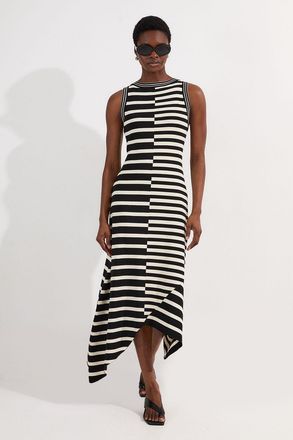 Karen Millen Womens Asymmetric Hem Cut About Stripe Sleeveless Knitted Midi Dress - Monochrome Multi Polyamide - Size X-Small