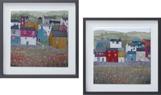 Melrose International Wood Framed House Print (Set of 2) - Grey, Blue, Green