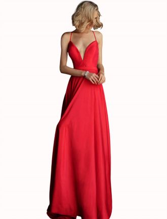 Jovani Plunging Neckline Spaghetti Straps Prom Dress In Red