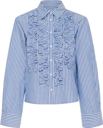 Part Two Blauw Gestreept Amparo Shirt met Ruches - Dames - Overhemden - Blauw - XL - Katoen - Overhemden