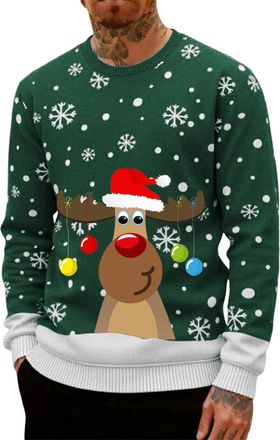 Generic Christmas Jumpers for Men UK Funny Ugly Reindeer Print 3D Graphic Tops Oversized Novelty Xmas Sweatshirt Crew Neck Long Sleeve Pullover Sweater Mens H
