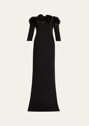 Teri Jon Off-Shoulder Applique Column Gown