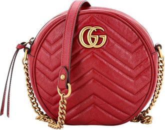 Gucci Red Matelasse Leather Gg Marmont Round Shoulder Bag Mini (Authentic Pre- Loved)