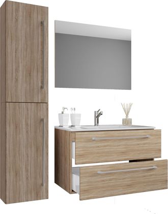 ebuy24 Ebuy24 - Vcm 4 Piezas Lavabo Lavabo Gabinete Inferior Ancho 80 Cm Muebles De Ba&ntilde;o Conjunto Con Cajones Espejo De Puertas Giratorias Badinos (sonoma Oa