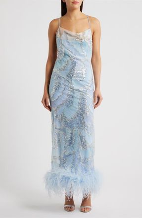 Delfi Shani Sequin Ostrich Feather Hem Gown in Baby Blue at Nordstrom, Size X-Large