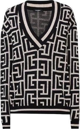 Balmain V Neck Monogram Wool Cardigan, Brand Size 38 (US Size 6)