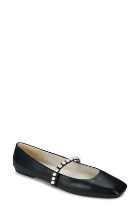 Yosi Samra Cara Faux Pearl Mary Jane Flat in Black at Nordstrom, Size 11