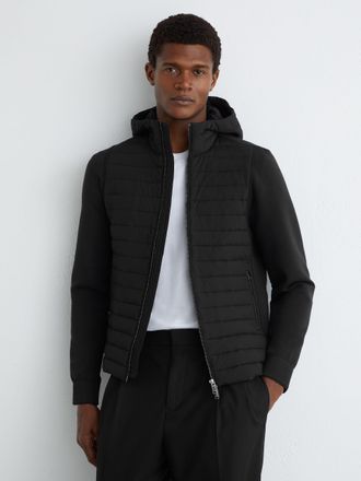 Reiss Black Quilted Hybrid Hooded Zip-front Jacket, Xxl