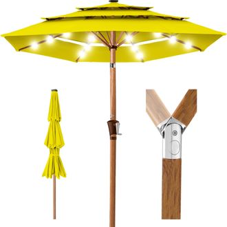 Best Choice Products Woodgrain Pattern 10ft 3-Tier Solar Patio Umbrella w/ 24 LED Lights, Tilt