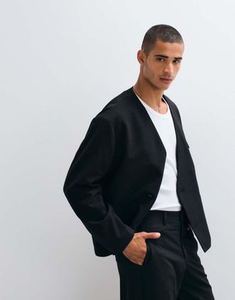 Asos giacca da abito squadrata senza colletto in twill nero