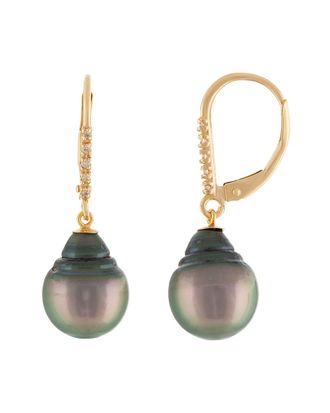 Splendid Pearls 14K 0.05 Ct. Tw. Diamond 9-10Mm Tahitian Pearl Earrings