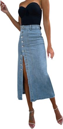 Generic Long Denim Skirt for Women UK Plus Size A-Line High Waist Button Side Split Jeans Skirts Casual Y2k Streetwear Stretch Comfortable Bodycon Denim Skirt