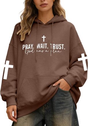 Generic Christian Hoodies for Women Faithful Jesus Sweatshirts Religious Pray Wait Trust Graphic Pullover Tops