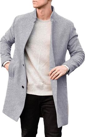 Generic Mens Pea Coat Stand Collar Wool Blend Trench Coat Classic Slim-Fit Vintage Single Breasted Winter Overcoat Classic Trenchcoat with Pockets Business Wa