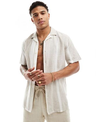 Only & Sons Only & Sons camp collar linen mix shirt in beige stripe-Neutral