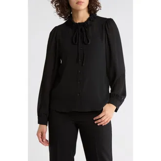 Adrianna Papell Flower Tie Neck Button-Up Shirt in Black at Nordstrom Rack, Size X-Small
