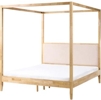 Beliani Canopy Bed Light Brown Beige Upholstered Heaboard Wooden EU King Size 5ft3 Minimalist Design HAILLICOURT