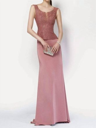 Alyce Paris Scoop Neck Jeweled Lace Crepe Gown In Dusty Rose