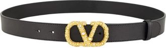 Valentino Garavani VLogo Crystals Riem - Dames - Riemen - Zwart - 85 CM - Leer - Accessoires