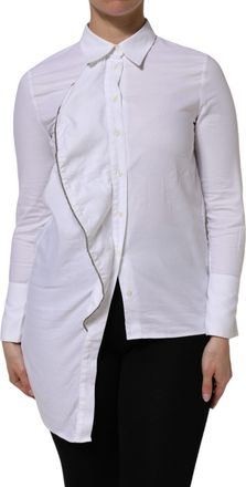 Aglini White Cotton Collared Long Sleeves Ruffle Top Womens Shirt