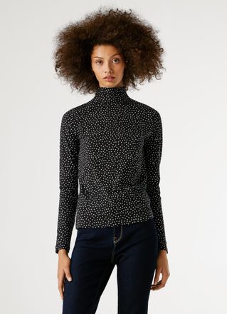 Pepe Jeans London Langarmshirt PEPE JEANS BIBI, Damen, Gr. XL, 999schwarz, Single Jersey, Obermaterial: 95% Baumwolle, 5% Elasthan, gepunktet, k&ouml;rpernah normal, hoch ge