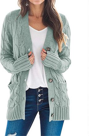 Merokeety Womens Long Sleeve Cable Knit Sweater Open Front Cardigan Button Loose Outerwear, Sage, Large