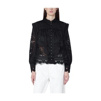 Farm Rio Camicia in Popeline di Cotone con Ricamo Broderie Anglaise - - Blouses & Shirts - Donna - Nero - L