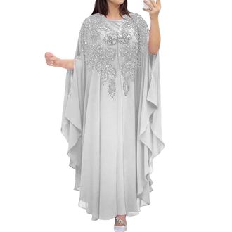 Generic Abaya Dress for Women Muslim Kaftan Dresses Batwing Sleeved Beaded Chiffon Embroidered Elegant Maxi Kaftan Dress Dubai Moroccan Caftan Ramadan Party W