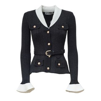 Self Portrait Ribbed Knit Cardigan With Contrasting Collar And Pearl Accents