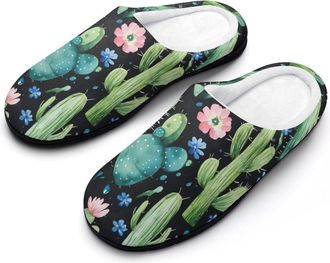 Generic Cactus Green Flower Mens House Slippers Memory Foam Washable Cotton Slip on Home Shoes