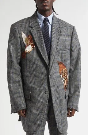 Thom Browne Canary Embroidered Glen Plaid Wool Sport Coat in Medium Grey at Nordstrom, Size 3