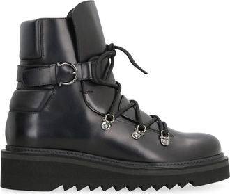 Ferragamo Stijlvolle leren enkellaarzen - Dames - Veterlaarzen - Zwart - 38 1/2 EU - Leer - Schoenen