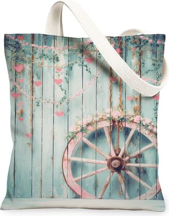 Generic Vintage Blue Wheel Canvas Tote Bags, Romantic Floral Pattern Reusable Grocery Bags, Lightweight Washable Shoulder Strap Tot, Blue, 13x15 Inch