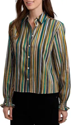Foxcroft Vivienne Stripe Cotton Poplin Button-Up Shirt in Green/white Multi at Nordstrom, Size X-Small