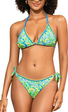 SHEKINI Womens Bikini Set Triangle Halter Tie Side Cheeky Bottom Paisley Shell Stitched Two Piece Swimsuit Boho Beach Swimwear, Green, S