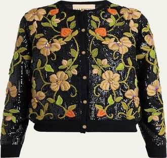 Valentino Garavani Sequined Floral Embroidered Crewneck Cardigan