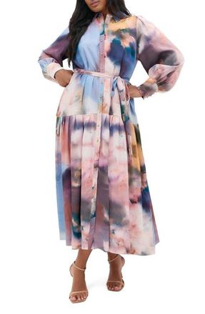 City Chic Maxi Floral Satin Maxi Shirtdress in Vintage Bouquet at Nordstrom, Size Xxxs