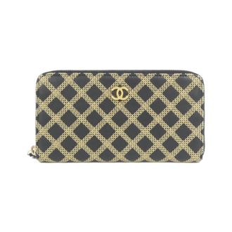Chanel Beige Black Leather Long Wallet (Bi-Fold) (Pre-Owned)