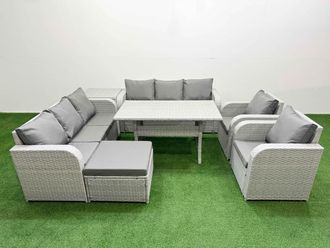 Fimous PE Rattan High Back Lounge Sofa Set Patio Rectangular Dining Table & Chairs Set w/ 3 Seater Sofa Reclining Chair Big Footstool Side Table