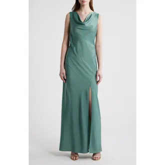 Wayf Lea Cowl Neck Satin Gown in Moss at Nordstrom, Size X-Small