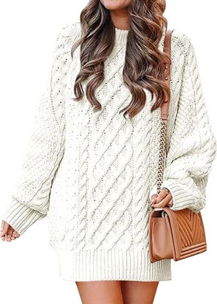 Generic Women Cable Knit Loose Pullover Tunic Long Sleeve Oversized Sweater Dress Crewneck Chunky Baggy Warm Dresses (White,S)