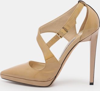 Jimmy Choo London Beige Patent Leather Ankle Strap Pumps