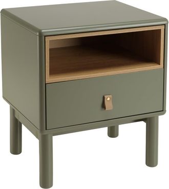 Macabane Mesita de noche verde con 1 caj&oacute;n y 1 hueco en madera natural