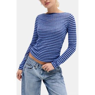 BDG Stripe Side Ruched Sheer Knit Top in Blue at Nordstrom, Size X-Large