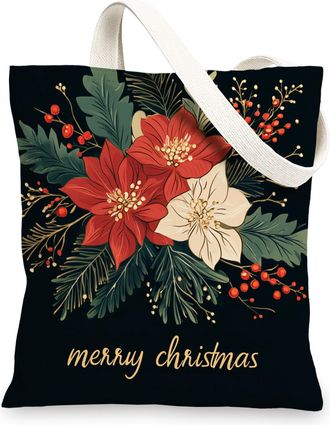 Generic Merry Christmas Poinsettia Canvas Tote Bag for Shopping 13x15, Holly Botanical Xmas Reusable Grocery Print Bag for Women, Holiday New Year Beach Aesth
